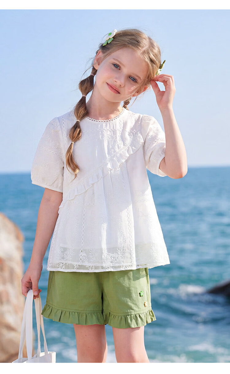 CHANZUIGOU Girls French Style Hollow Embroidered Top 2026 Summer New Breathable Short Sleeve Shirt 23